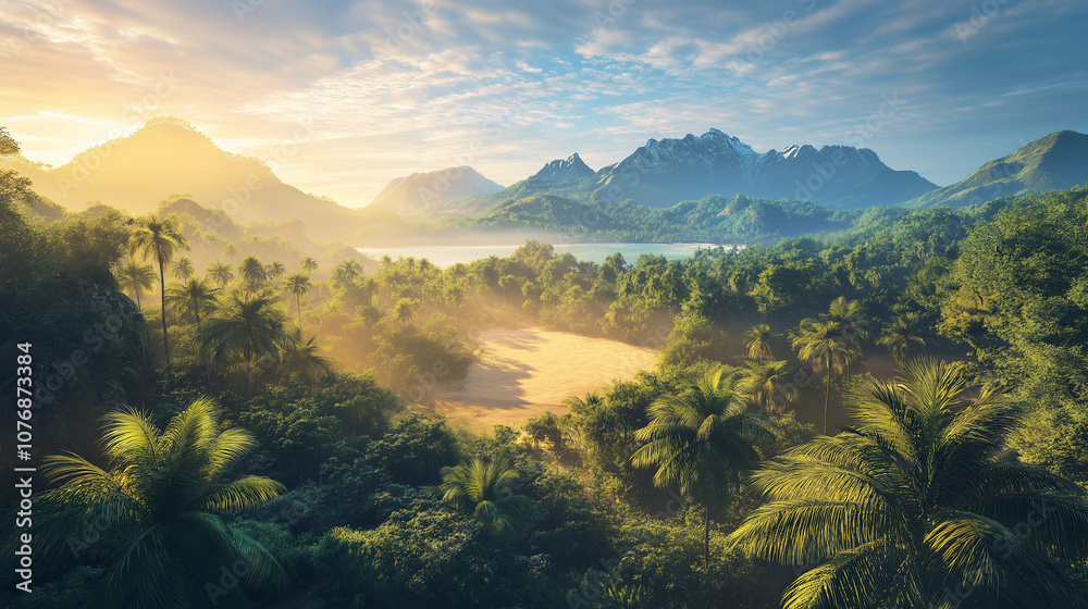 Earth's biomes blending: rainforest, desert, mountains, and ocean, highlighting ecosystem diversity. Lighting transitions from warm desert to misty rainforest glow. Earth's biomes blending: rainforest, desert, mountains, and ocean, highlighting ecosystem diversity. Lighting transitions from warm desert to misty rainforest glow.
