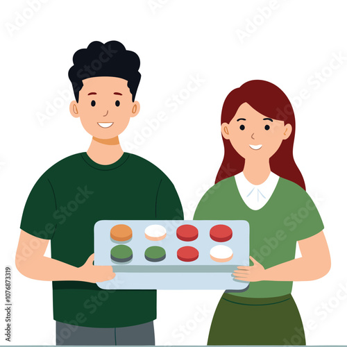 man and woman displaying tray of colorful macaro.eps photo