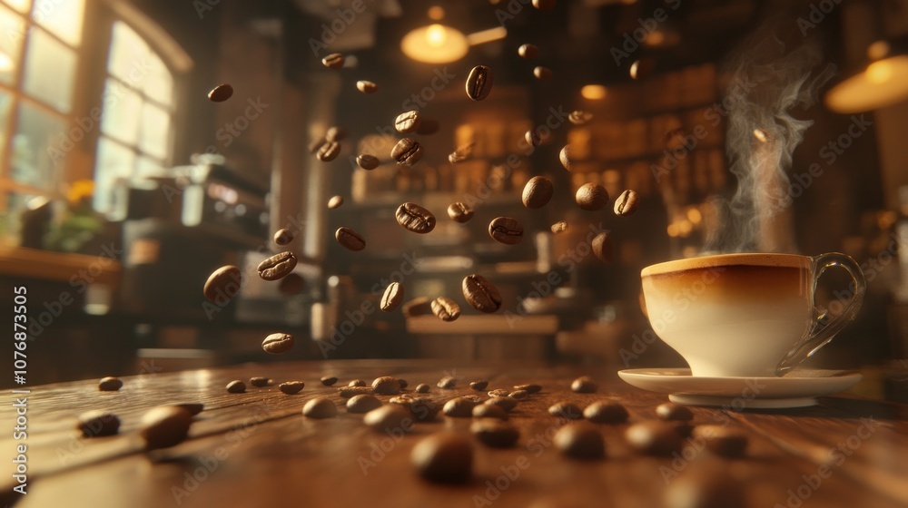 A steaming cup of coffee with floating beans in a cozy café setting. A steaming cup of coffee with floating beans in a cozy café setting.