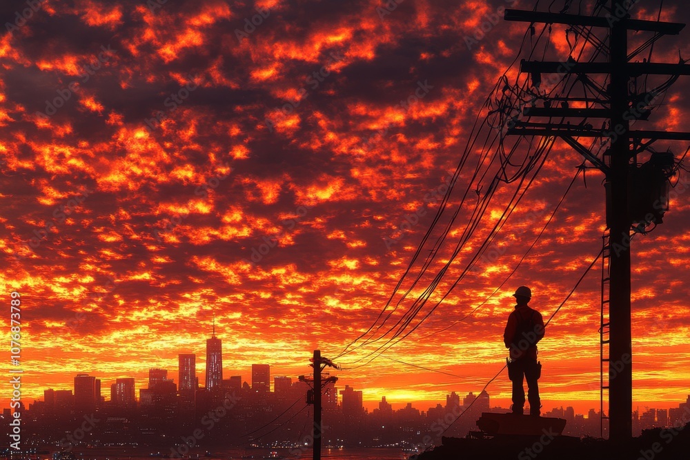 Fototapeta premium Silhouette of a Worker Against a Fiery Sunset Over a Cityscape