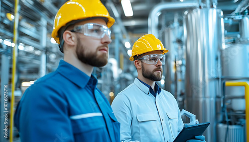 Two workers in safety helmets and goggles observe bioplastic factory, showcasing modern industrial environment focused on raw materials and production processes