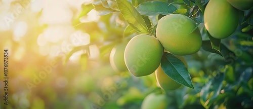 Green fruit on a tree branch with green leaves and sunlight shining through.