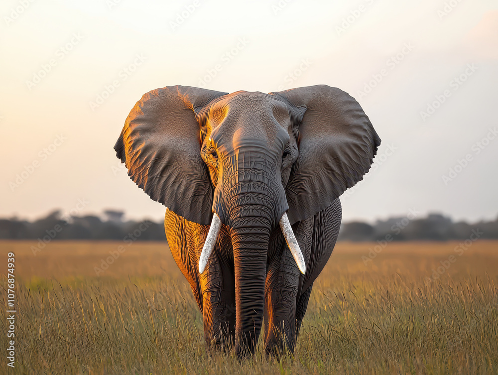 Obraz premium Majestic African elephant standing in golden grassland at sunset, showcasing its grandeur and beauty in serene environment