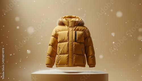 Displaying an elegant wintertime jacket on an elementary pedestal gives a classy branding image, ideal for advertising clothes on a plain backdrop, Generative AI.