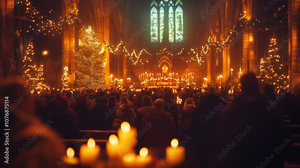 Obraz premium warm and festive Christmas mass scene with people gathered in beautifully decorated church, illuminated by candles and adorned with Christmas trees