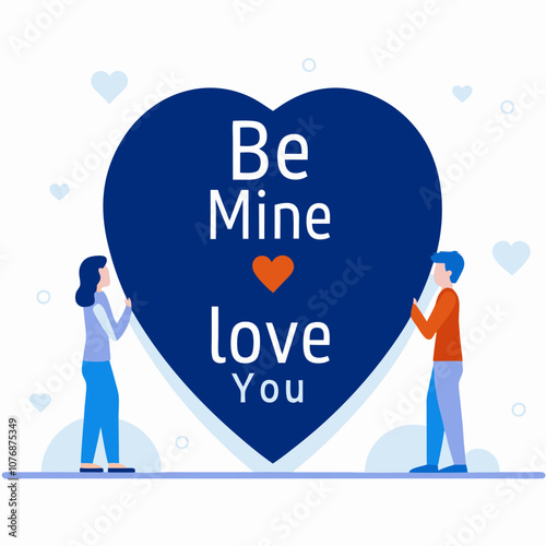 A couple is holding a heart and the words BE MINE LOVE YOU are written on it. The image conveys a message of love and affection between the two people