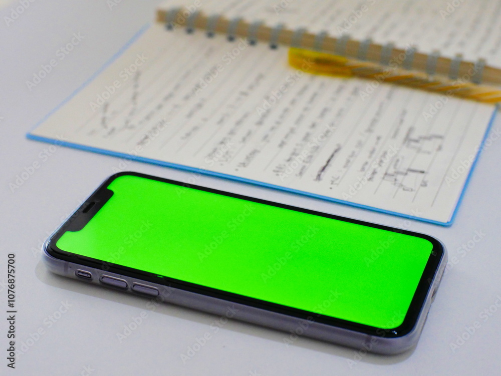 a cellphone with a green screen with a marketing notebook a cellphone with a green screen with a marketing notebook