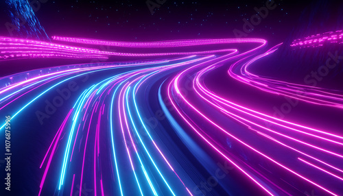 Futuristic highway, digital racetrack, glowing with vibrant neon light trails. Curving road is illuminated by streaks of electric blue, pink, and purple lights 