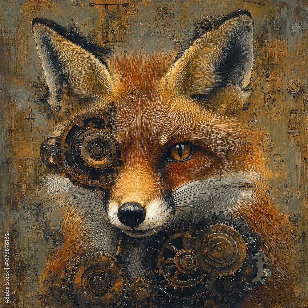 Fototapeta premium A red fox with steampunk gears and cogs on its face.