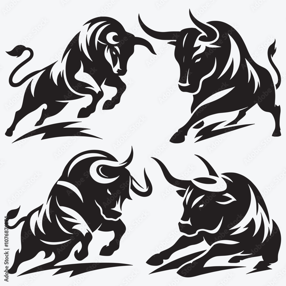 Obraz premium Set of Bull Silhouette Clip Art Vector Illustration Isolated on White Background