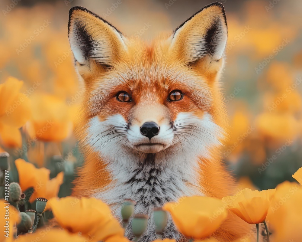 Obraz premium A fox resting among a field of golden poppies, its orange fur blending with the vibrant flowers, flower, cute animal, harmony, nature