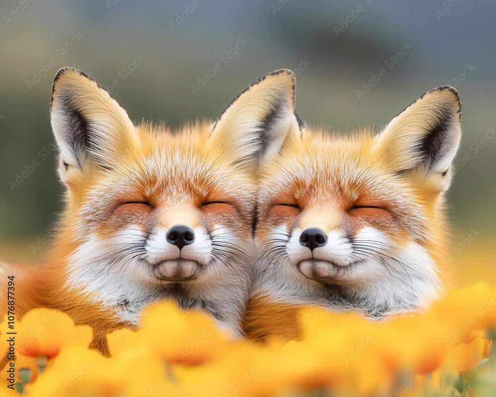 Fototapeta premium A fox resting among a field of golden poppies, its orange fur blending with the vibrant flowers, flower, cute animal, harmony, nature