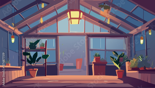 Interior of a greenhouse with plants. Vector illustration in flat style