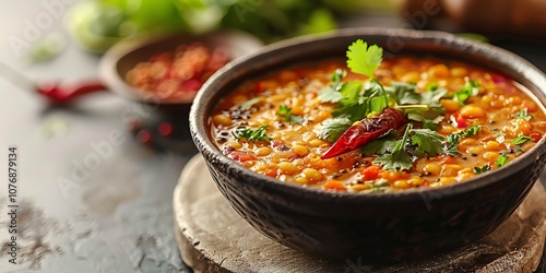 Spicy curry pot with spinach and lentil tadka put on an oak surface, offset from the backdrop by a blurred area allotted for adverts, Generative AI. photo