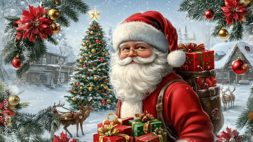 A jolly Santa Claus carrying a bag full of gifts stands near a decorated Christmas tree in a snowy village, spreading holiday joy and tradition.