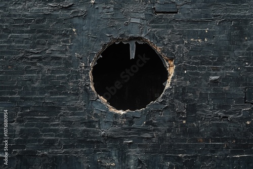 large round hole in black brick wall, showing signs of urban decay, structural damage, and gritty industrial aesthetic photo