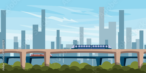 Vector illustration of a beautiful landscape of a modern city with high-speed trains. Cartoon scene of a city with houses, skyscrapers, bridges with trains, trees, bushes, greenery, sky with clouds.