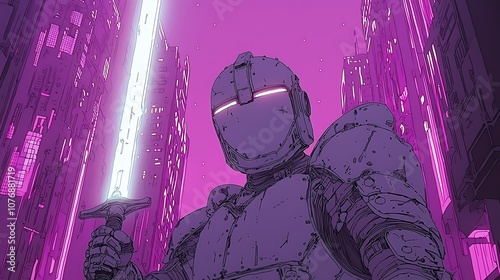 Futuristic Robot Warrior in Neon Urban Landscape with Glowing Sword and Cyberpunk Cityscape at Dusk with Vibrant Colors and High-Tech Details