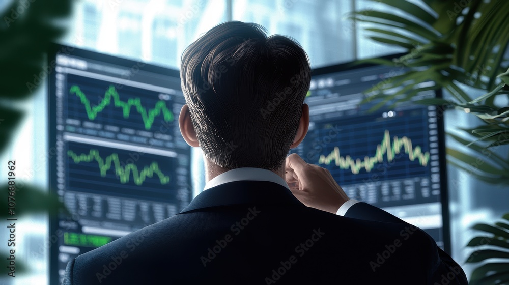 Fototapeta premium A professional observing market data on multiple screens, with financial graphs indicating trends and performance.