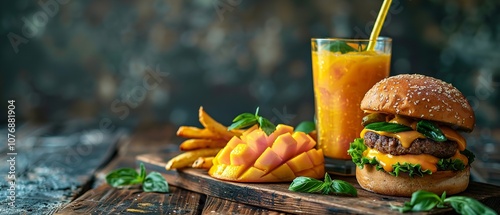 A cheeseburger, french fries and a glass of delicious mango juice with a plastic straw sitting on a rustic tabletop with a chopped mangoes amid a dark surface, Generative AI.