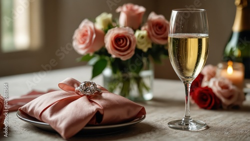 Glasses of champagne, engagement ring and flowers on dining table in room decorated for Valentine's day