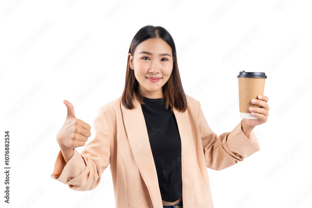 Cheerful woman in a blazer giving thumbs up while holding coffee cup against white background. Cheerful woman in a blazer giving thumbs up while holding coffee cup against white background.