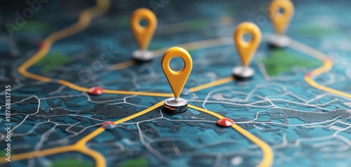 A vibrant map with yellow location pins marking various spots, symbolizing navigation and route planning. Description (105 characters)