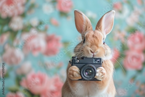 Adorable rabbit clutching a camera during a photo shoot with an appealing background for the the holiday of Easter celebration, Generative AI.