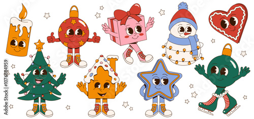 Merry Christmas. Groovy 70s Christmas sticker collection. Trendy retro cartoon style characters.