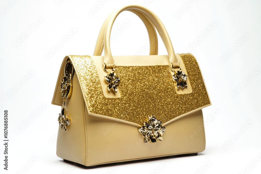 Elegant beige handbag with gold glitter and floral accents Elegant beige handbag with gold glitter and floral accents