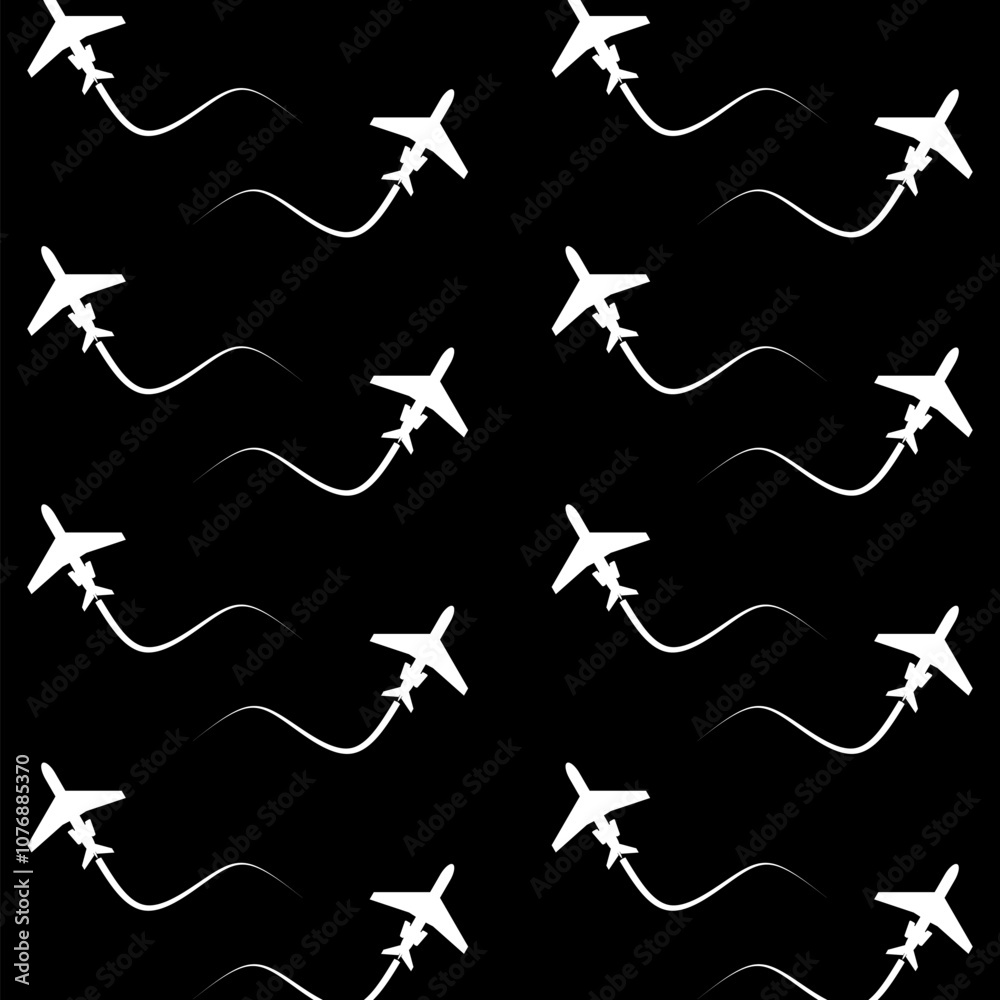 Fototapeta premium Airplane flight seamless pattern isolated on black background