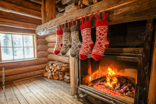 Rustic holiday cabin with cozy fireplace and hanging christmas stockings in winter photo