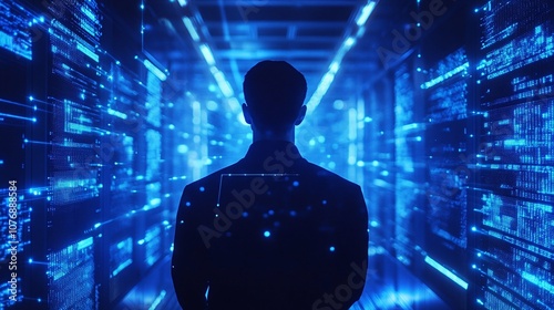 A silhouette of a person standing in a futuristic data center filled with vibrant blue virtual elements symbolizing technology, security, and innovation in the digital age