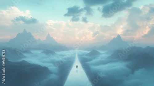 A solitary figure walks along a path through misty mountains and clouds at dawn.