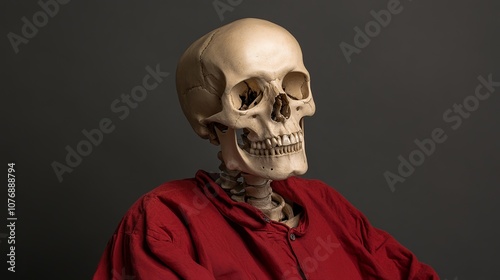 A human skeleton wearing a red shirt against a gray background, looking slightly to the right.