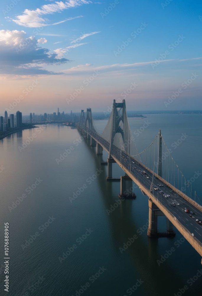 An expansive bridge stretches across a vast body of water under a calm blue sky. An expansive bridge stretches across a vast body of water under a calm blue sky.