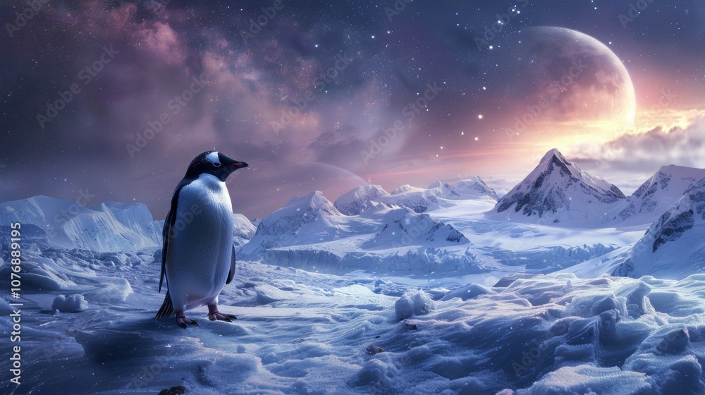 Obraz premium A solitary penguin gazes at a stunning extraterrestrial landscape under starry skies and distant planets
