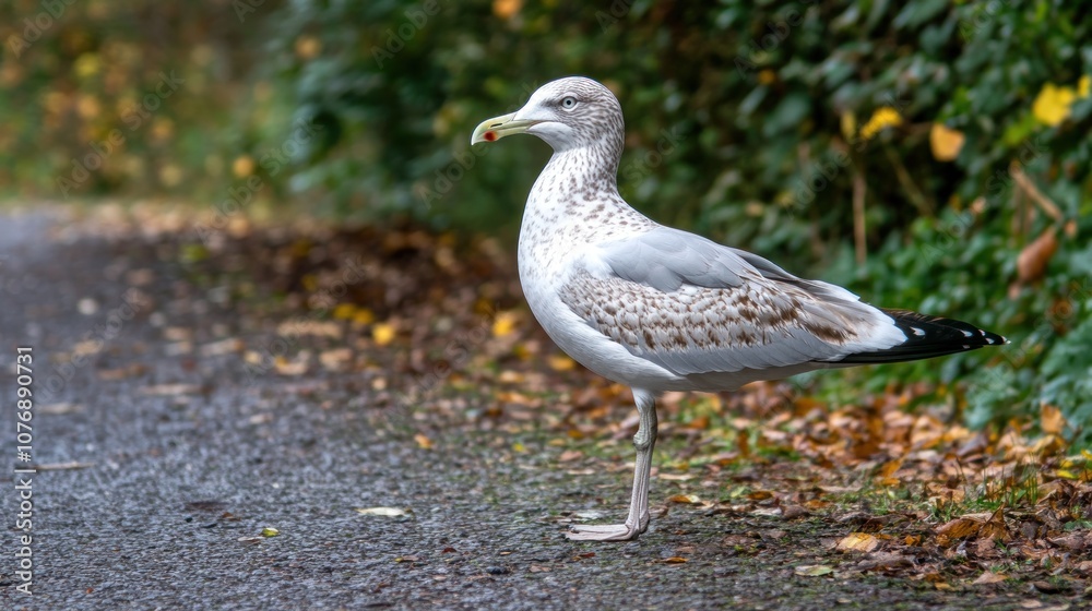 A seagull standing on a path surrounded by autumn foliage. A seagull standing on a path surrounded by autumn foliage.