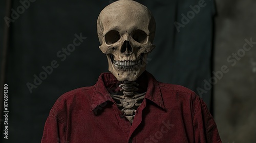 A human skull, wearing a red button-down shirt, stares directly at the viewer.