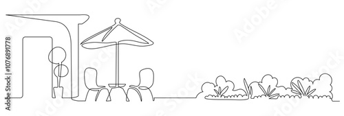 Line drawing of a peaceful cafe scene with outdoor seating