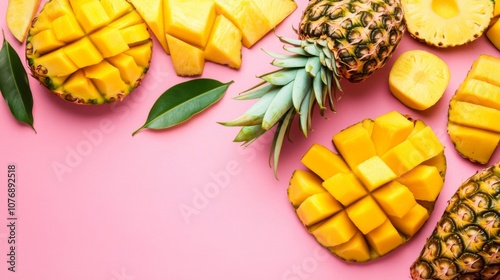 Sliced Mango and Pineapple on Pink Background