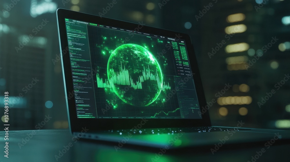 Digital Screen Displaying Green Data Visualization with Globe and Graphs Against Cityscape Background at Night for Technology and Innovation Themes Digital Screen Displaying Green Data Visualization with Globe and Graphs Against Cityscape Background at Night for Technology and Innovation Themes