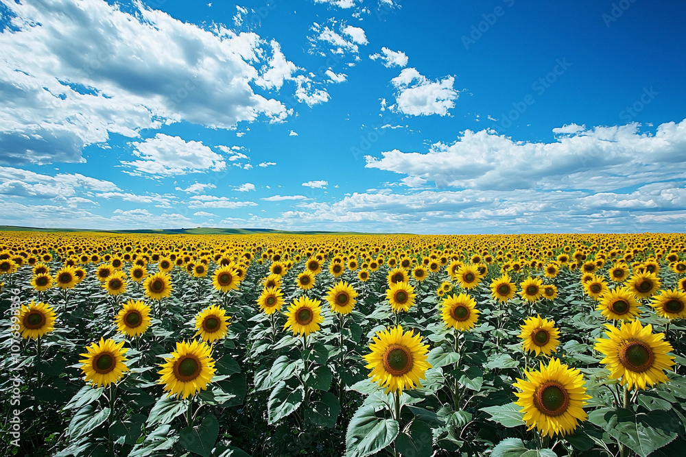 Obraz premium Vibrant sunflower field under a clear blue sky in summer