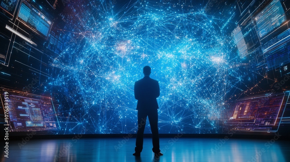 Fototapeta premium Professional looking man stands before a futuristic digital screen displaying a complex network of interconnected data points and glowing particles, symbolizing advanced technology.