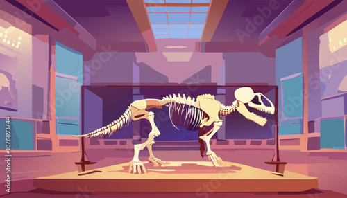 Dinosaur skeleton in museum. Vector illustration in flat cartoon style.