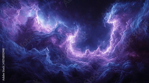 Abstract purple and blue swirling clouds on a dark background, reminiscent of a stormy sky or a nebula.