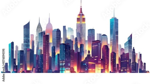 New York City skyline at night with illuminated skyscrapers on isolated white background.
