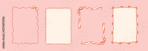 Collection of 4 decorative whimsical frames in girly coquette style on a light pink background. Christmas theme with ribbon bow. Invitation template. A4 card size. Vector hand drawn graphic set