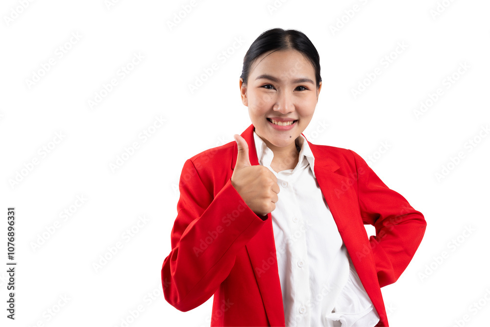 Cheerful young woman in a red blazer giving a thumbs-up gesture against a white background. Cheerful young woman in a red blazer giving a thumbs-up gesture against a white background.