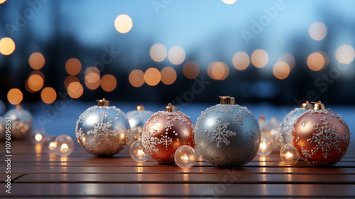 parkling Christmas baubles with snowflake patterns and cozy background photo